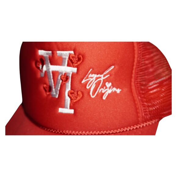 Loyal Origins Red Trucker Hat | Embroidered LV Hearts Mesh Snapback Cap - Picture 5 of 5